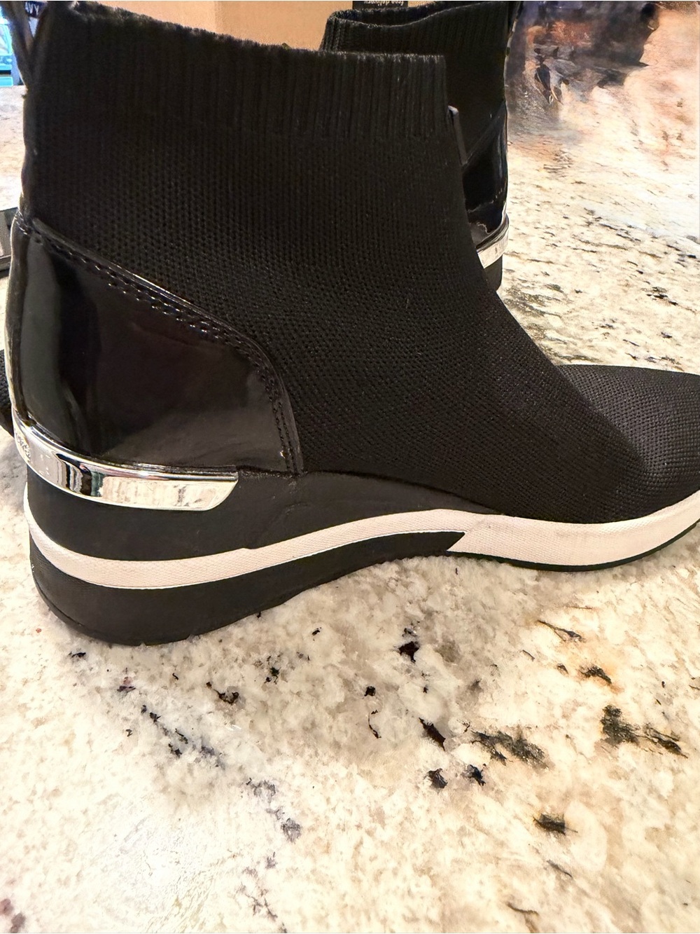 Michael Kors Black Knit Wedge Ankle Booties with Silver Accent